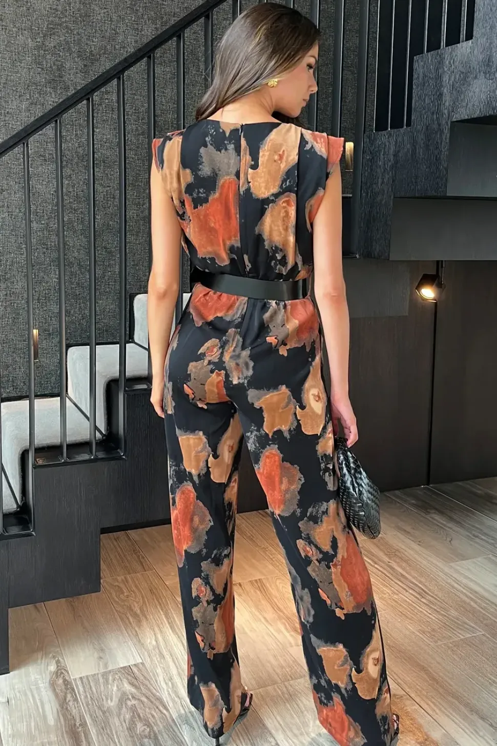 Smudge Print Belted Wide Leg Jumpsuit