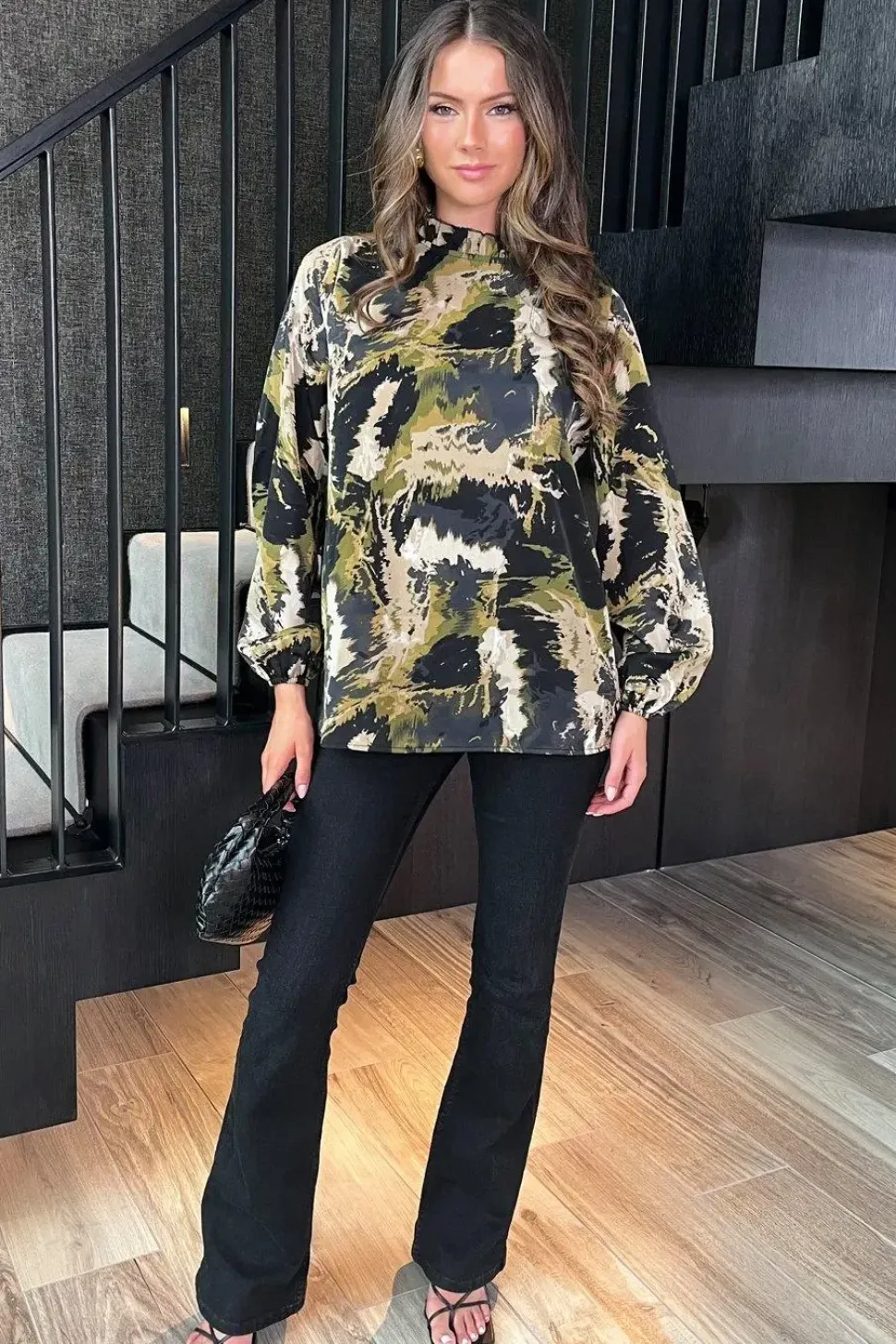 Smudge Print Long Sleeve Ruffle Neck Top
