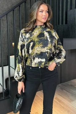 Smudge Print Long Sleeve Ruffle Neck Top