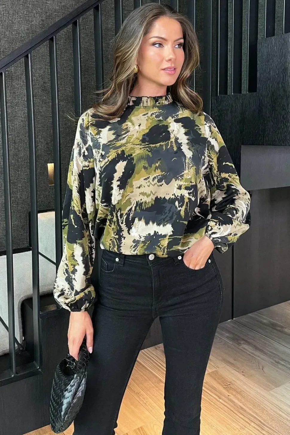 Smudge Print Long Sleeve Ruffle Neck Top
