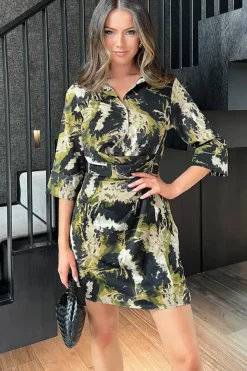 Smudge Print 3/4 Sleeve Gathered Waist Mini Shirt Dress