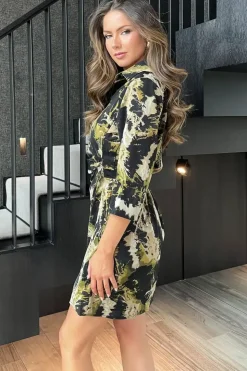 Smudge Print 3/4 Sleeve Gathered Waist Mini Shirt Dress