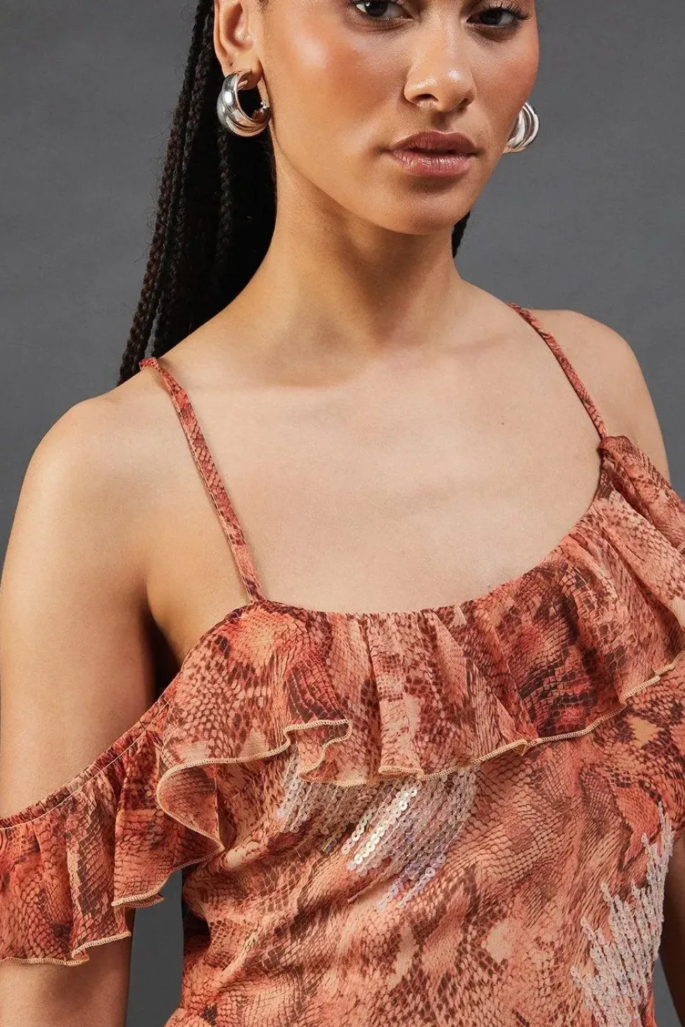 Snake Embellished Sequin Chiffon Asymmetric Ruffle Strappy Midaxi Dress