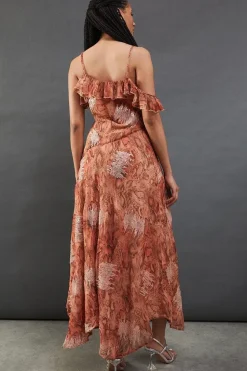 Snake Embellished Sequin Chiffon Asymmetric Ruffle Strappy Midaxi Dress