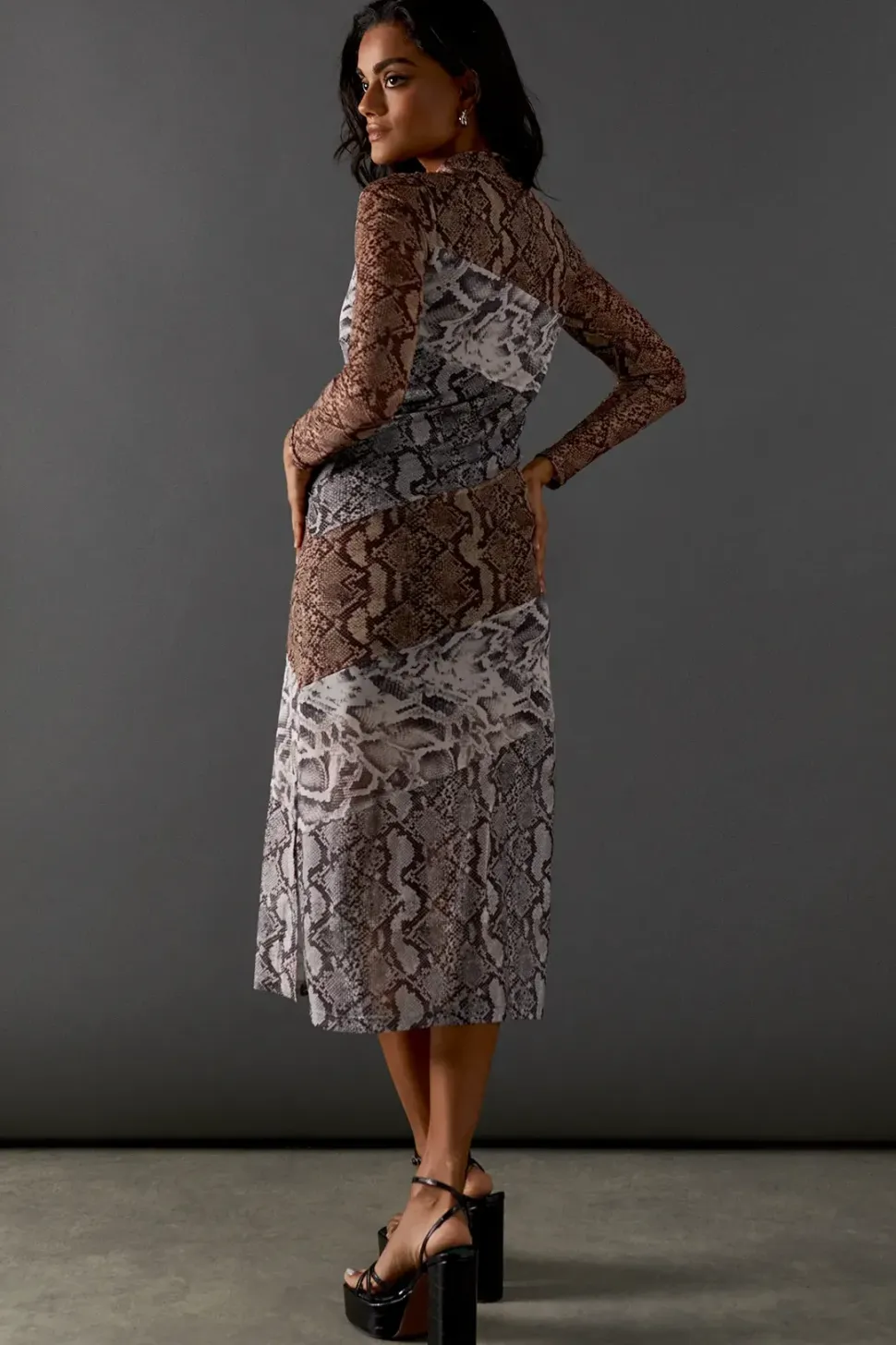Snake Panelled Print Mesh Midi Dress