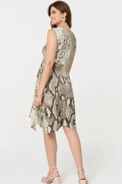 Snake Print Boat Neck Hanky Hem Short Dress