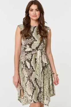 Snake Print Boat Neck Hanky Hem Short Dress