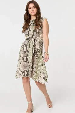 Snake Print Boat Neck Hanky Hem Short Dress