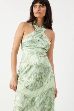 Snake Print Satin Cross Front Chiffon Insert Hanky Hem Midi Dress