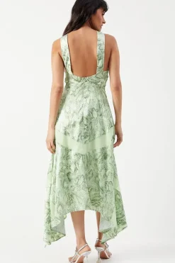 Snake Print Satin Cross Front Chiffon Insert Hanky Hem Midi Dress