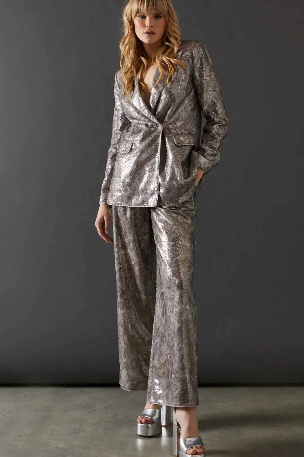 Snake Print Sequin Wide Leg Trouser