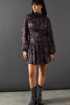 Snake Print Shadow Stripe High Neck Tie Back Mini Dress