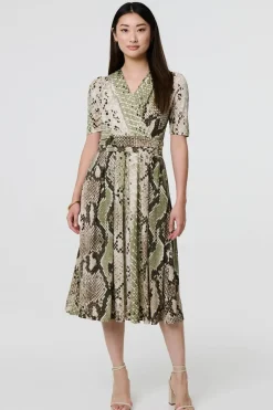 Snake Print 1/2 Sleeve Jersey Midi Dress