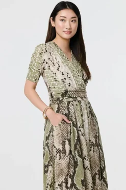 Snake Print 1/2 Sleeve Jersey Midi Dress