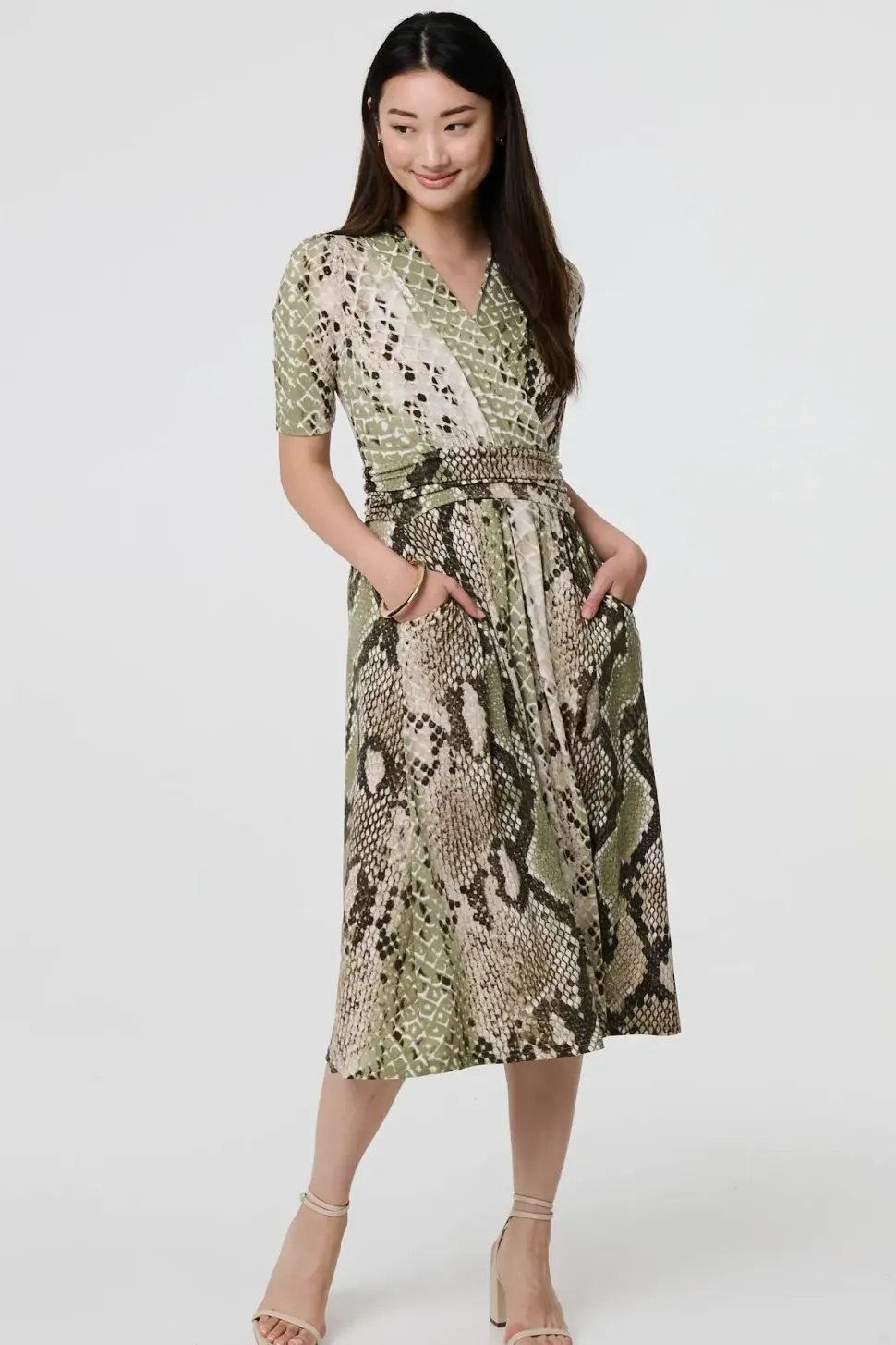 Snake Print 1/2 Sleeve Jersey Midi Dress