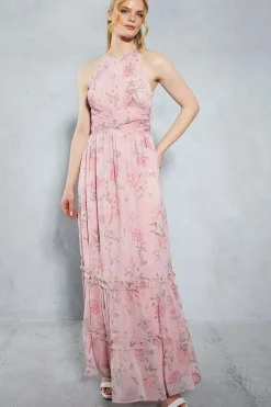 Soft Floral Halter Neck Maxi Bridesmaids Dress