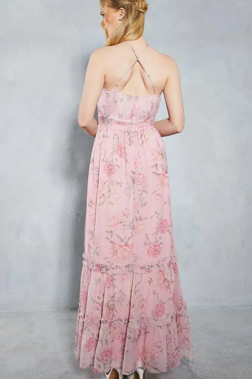 Soft Floral Halter Neck Maxi Bridesmaids Dress