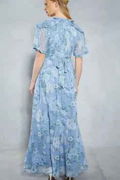 Soft Floral Ruffle Angel Sleeve Maxi Bridesmaids Dress