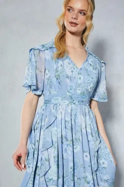 Soft Floral Ruffle Angel Sleeve Maxi Bridesmaids Dress
