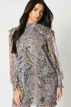 Soft Paisley Ruffle Shoulder Chiffon Mini Dress