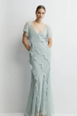 Soft Ruffle Chiffon Angel Sleeve Bridesmaids Dress