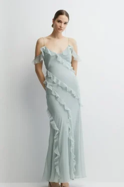 Soft Ruffle Chiffon Cold Shoulder Bridesmaids Dress