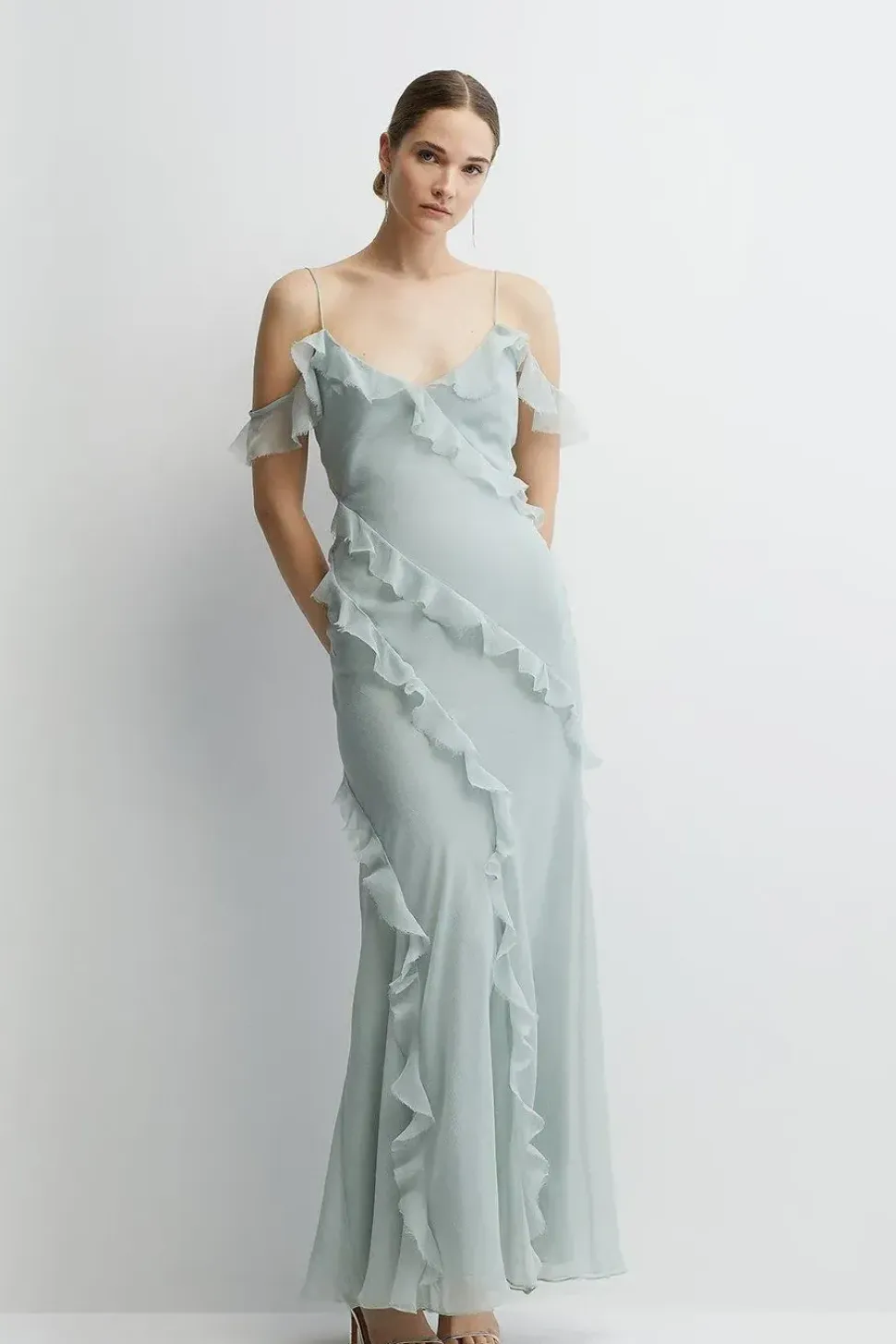 Soft Ruffle Chiffon Cold Shoulder Bridesmaids Dress