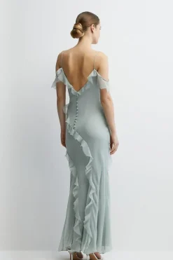 Soft Ruffle Chiffon Cold Shoulder Bridesmaids Dress