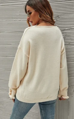 Soft V Neck Frill Detail Long Sleeve Jumper Top In Light Beige