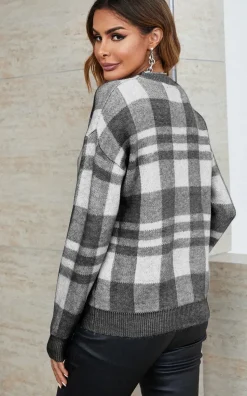 Soft White Geometric Intarsia-knit Jumper Top In Charcoal Grey