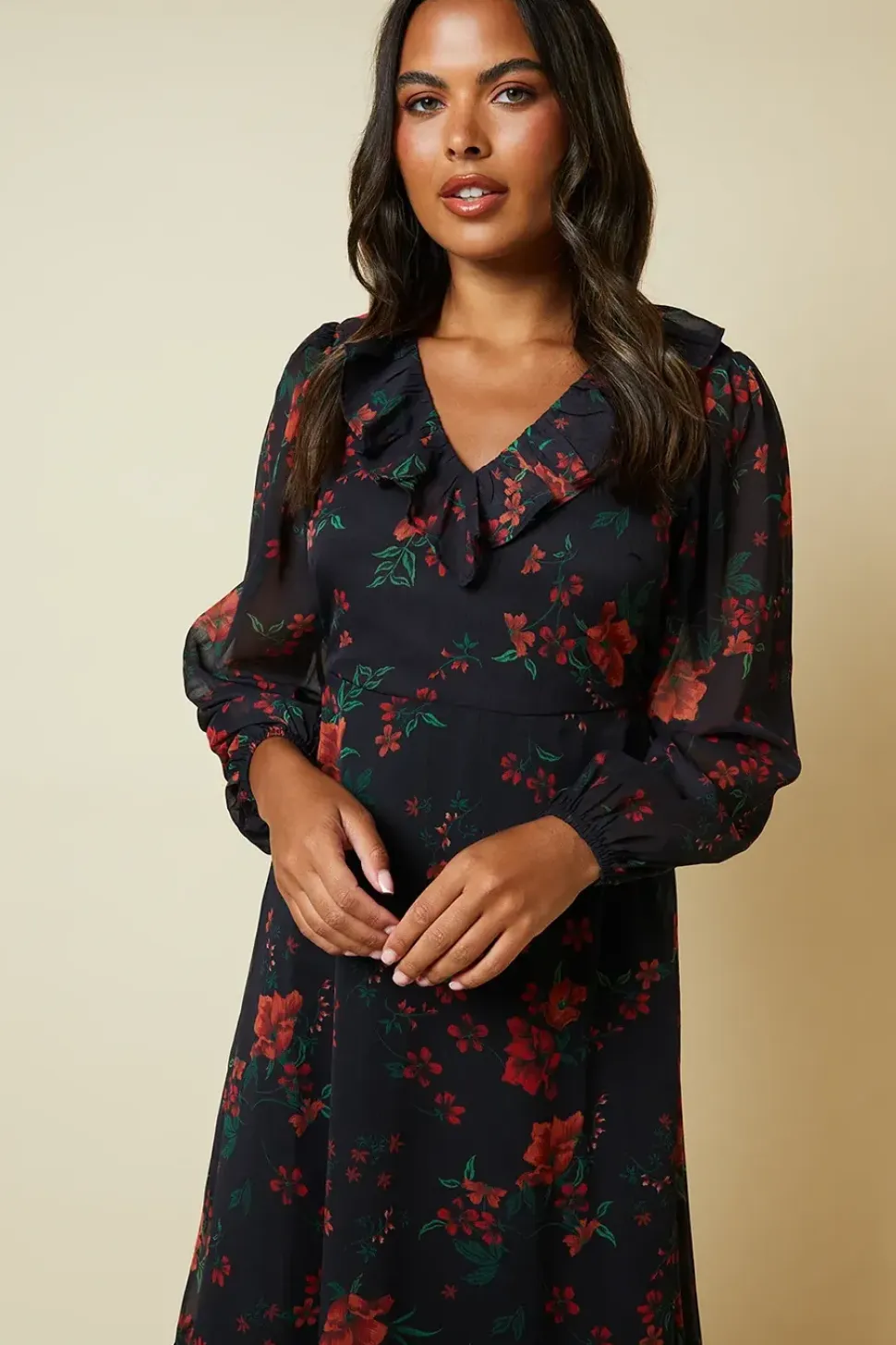 Spaced Floral Chiffon Ruffle Neck Long Sleeve Midi Dress