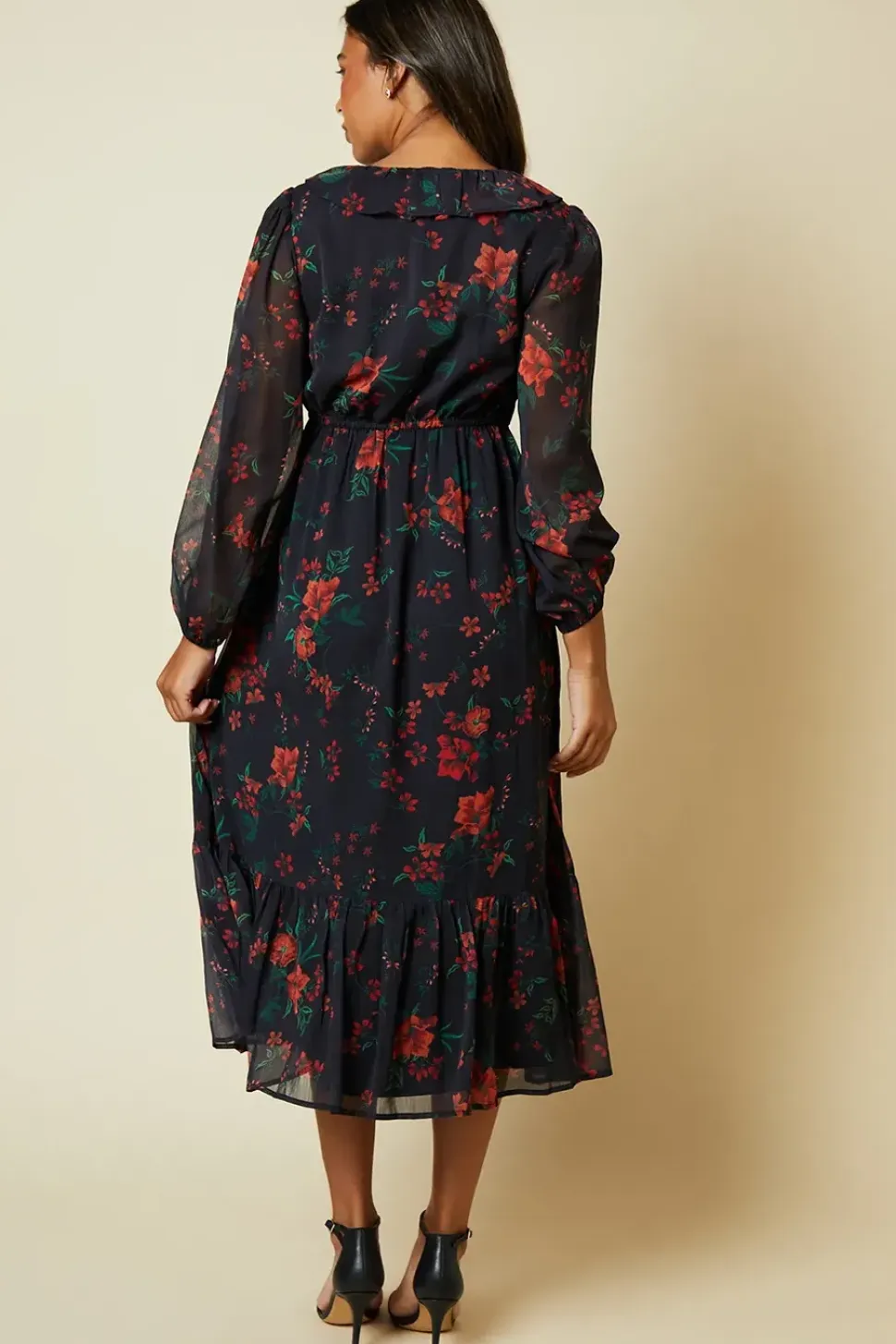 Spaced Floral Chiffon Ruffle Neck Long Sleeve Midi Dress