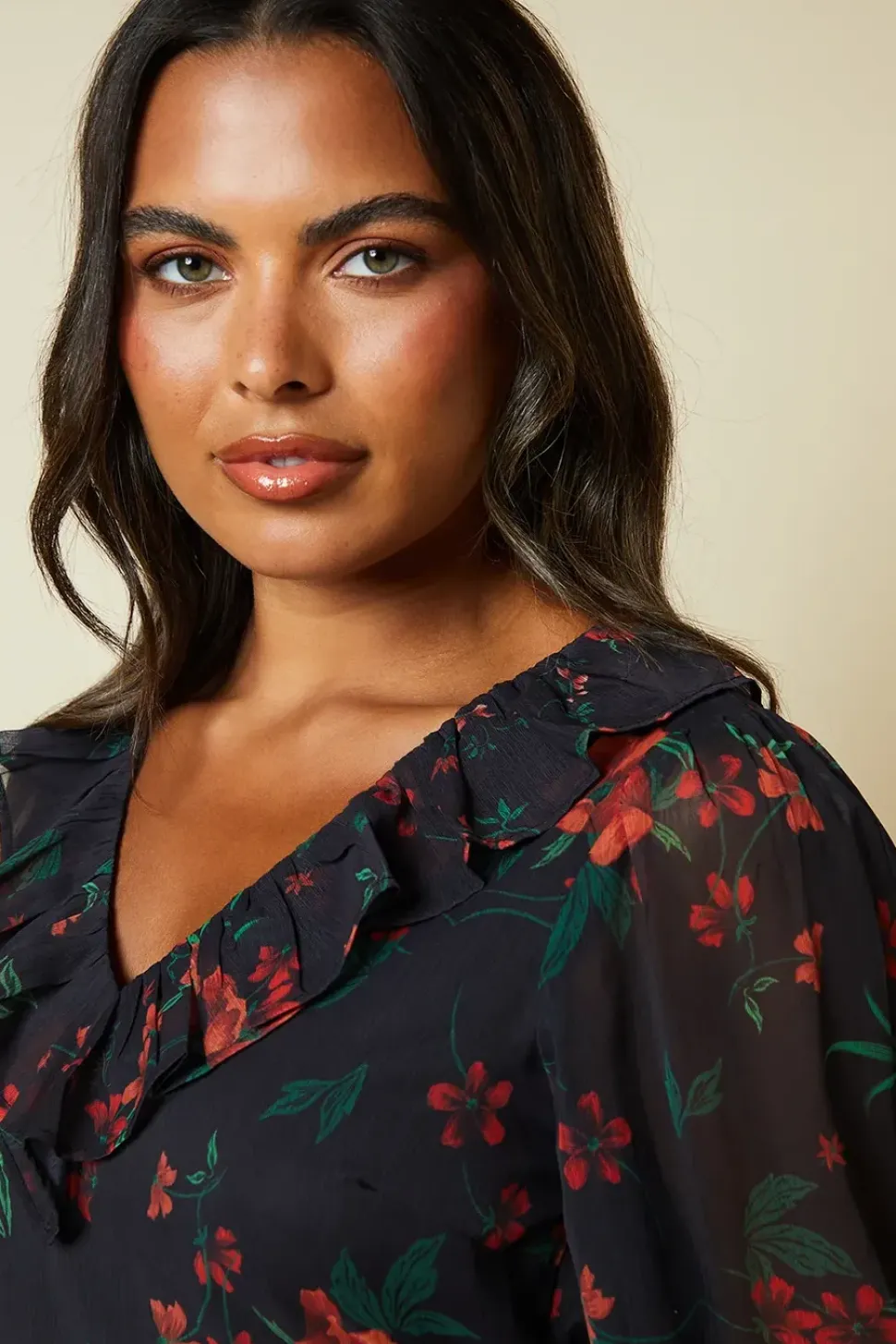 Spaced Floral Chiffon Ruffle Neck Long Sleeve Midi Dress