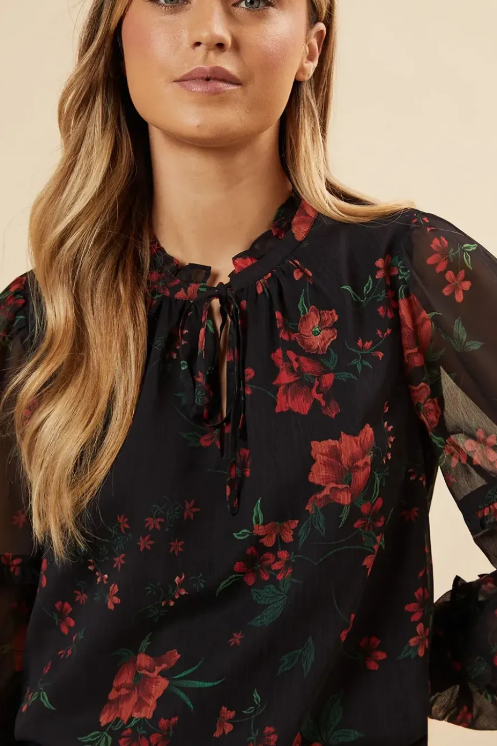 Spaced Floral Chiffon Ruffle Sleeve Shirred Hem Blouse
