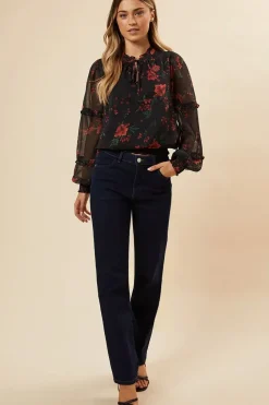 Spaced Floral Chiffon Ruffle Sleeve Shirred Hem Blouse