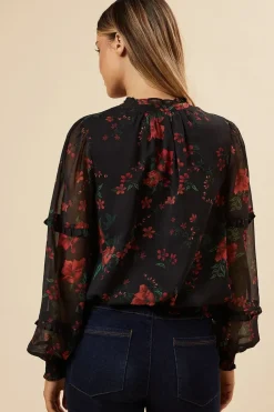 Spaced Floral Chiffon Ruffle Sleeve Shirred Hem Blouse