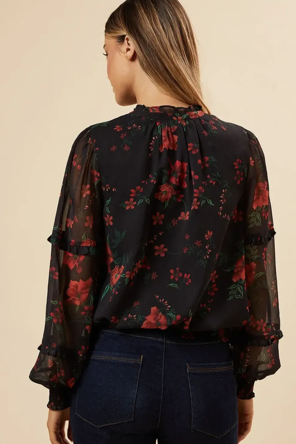 Spaced Floral Chiffon Ruffle Sleeve Shirred Hem Blouse