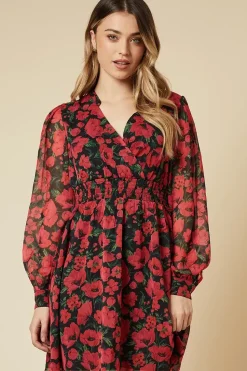 Spaced Floral Chiffon Shirred Waist Long Sleeve Mini Dress