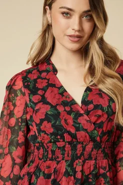 Spaced Floral Chiffon Shirred Waist Long Sleeve Mini Dress