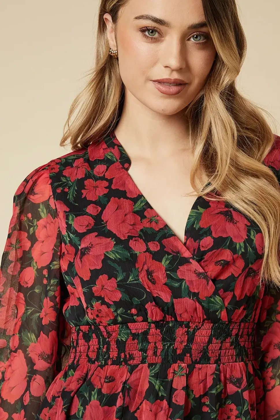 Spaced Floral Chiffon Shirred Waist Long Sleeve Mini Dress