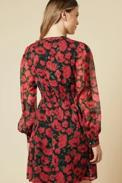 Spaced Floral Chiffon Shirred Waist Long Sleeve Mini Dress