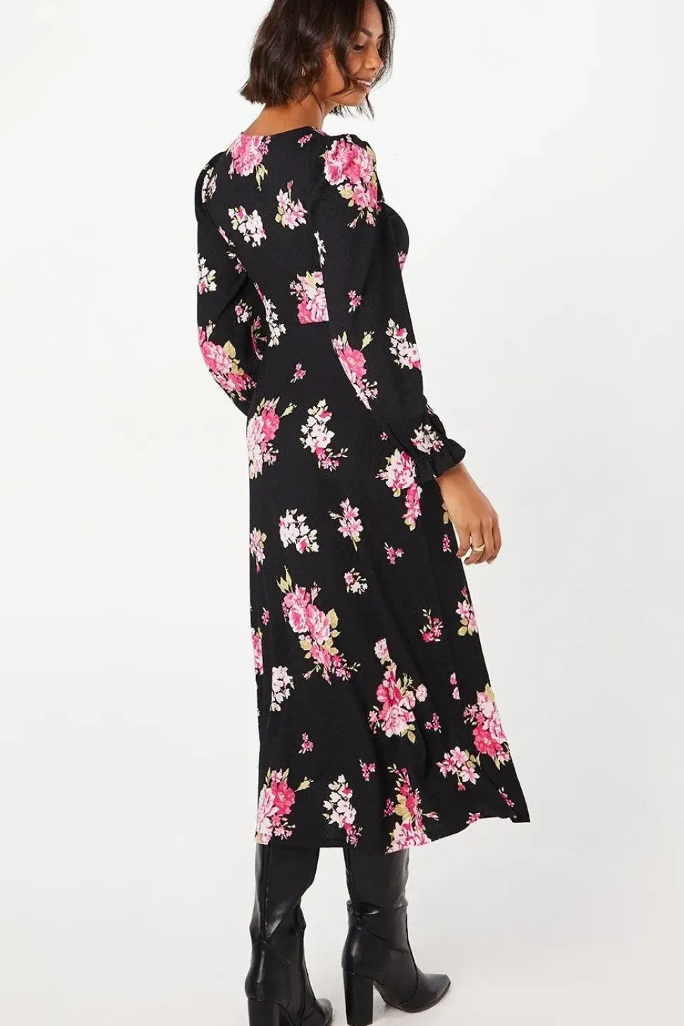 Spaced Floral Long Sleeve Midi Dress