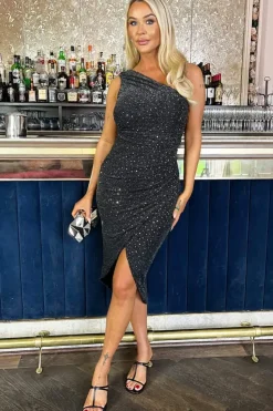 Sparkle and Sequin One Shoulder Draped Wrap Midi Dress