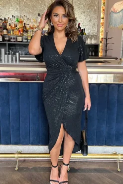 Sparkle and Sequin Short Sleeve Ring Detail Wrap Midi Dress