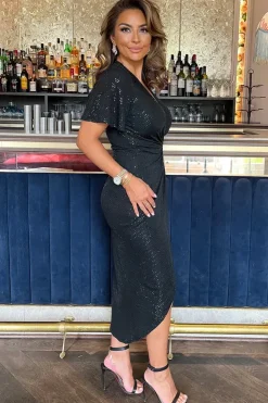Sparkle and Sequin Short Sleeve Ring Detail Wrap Midi Dress
