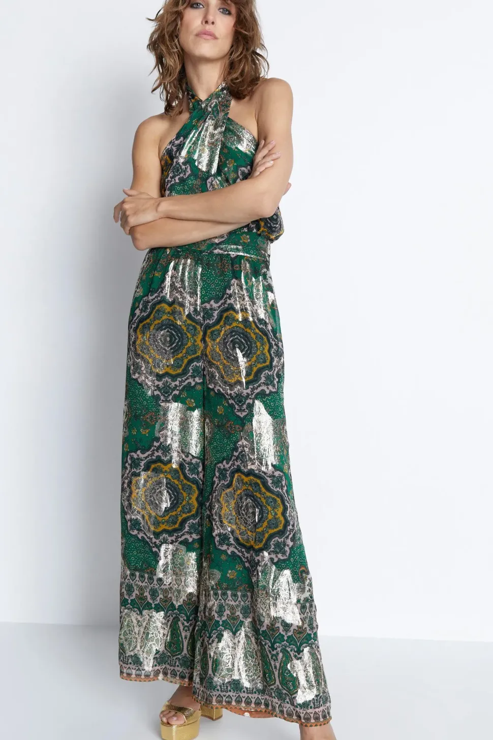 Sparkle Border Print Halter Neck Jumpsuit