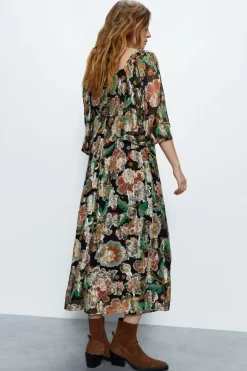 Sparkle Floral Jacquard Twist Neck Midi Dress