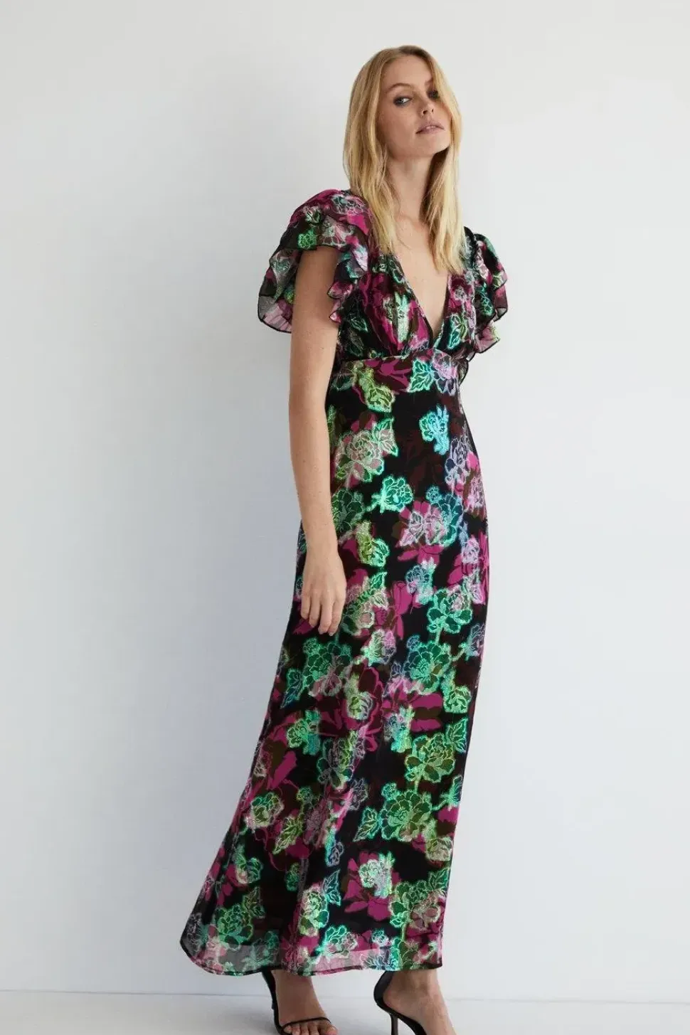 Sparkle Floral Jacquard V Neck Midi Dress