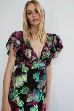 Sparkle Floral Jacquard V Neck Midi Dress