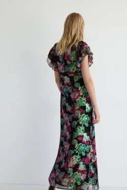 Sparkle Floral Jacquard V Neck Midi Dress